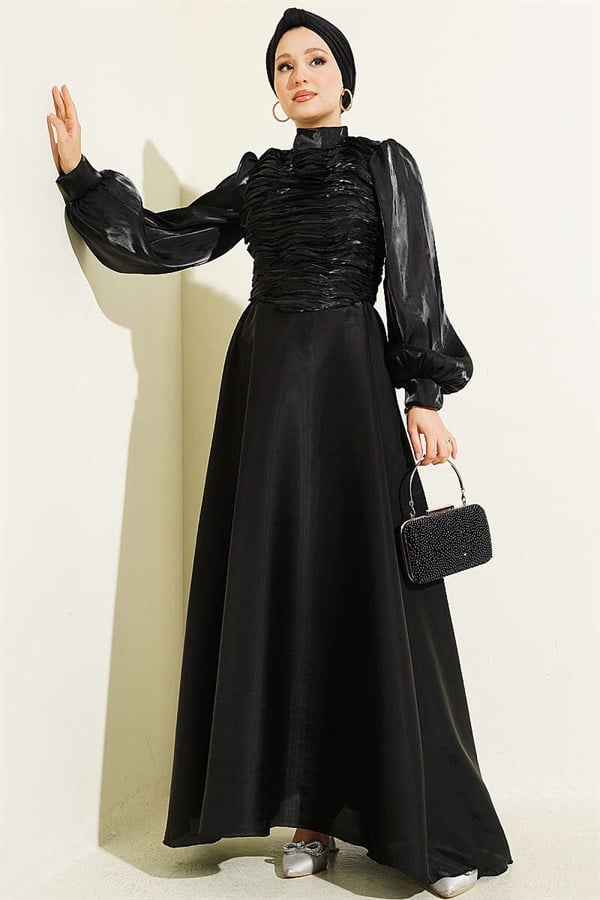 Layered Corset-Look Evening Dress, Black