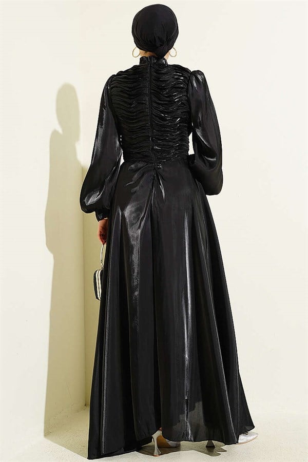 Layered Corset-Look Evening Dress, Black