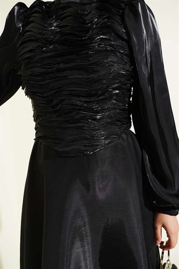 Layered Corset-Look Evening Dress, Black