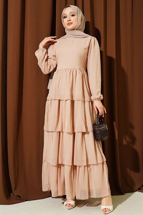 Layered Belted Chiffon Dress, Beige