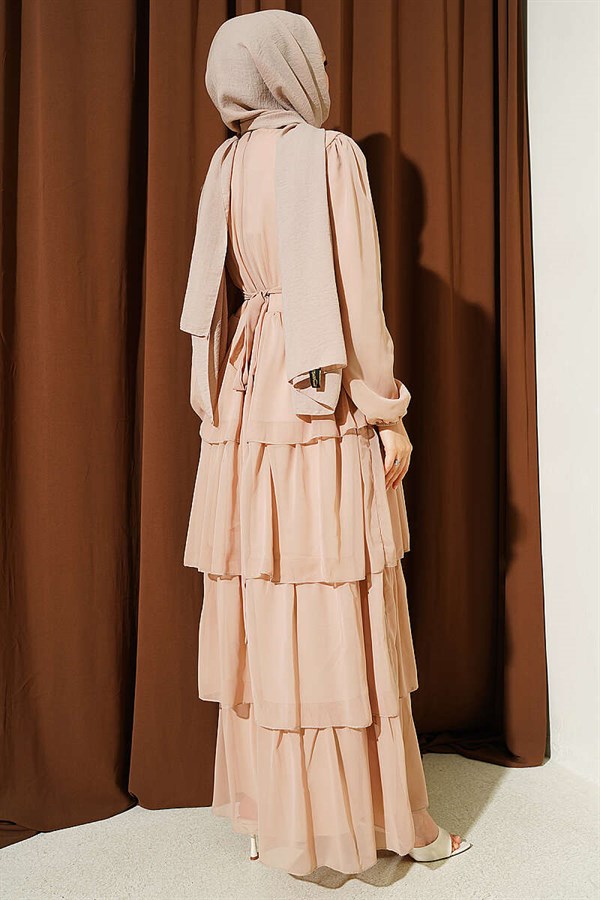 Layered Belted Chiffon Dress, Beige