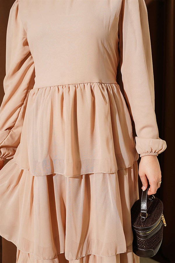 Layered Belted Chiffon Dress, Beige