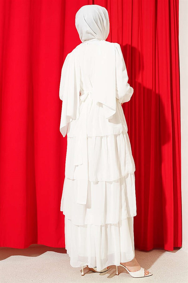 Layered Belted Chiffon Dress, Ecru