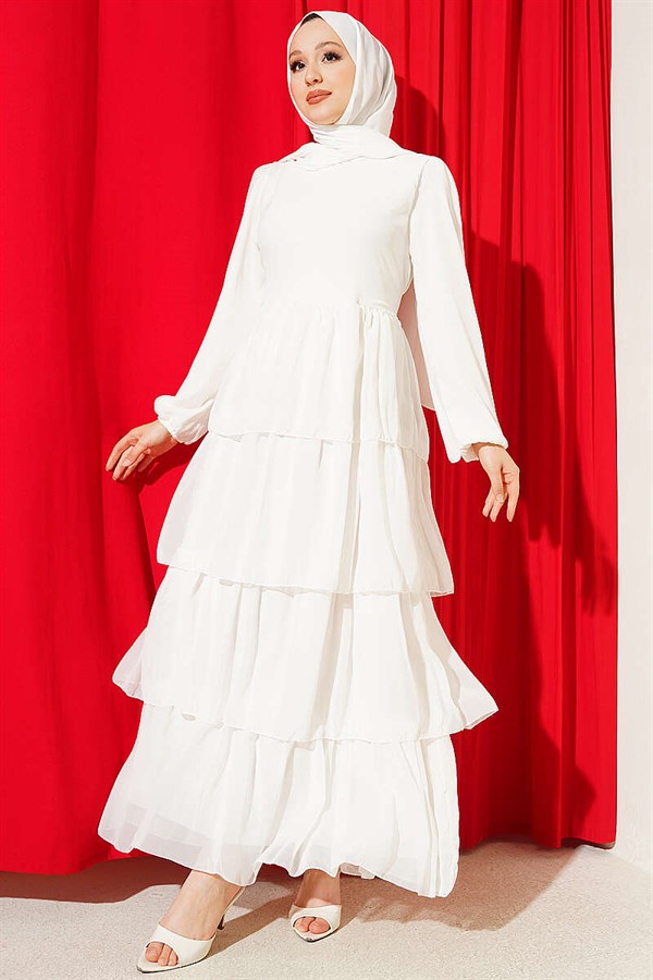 Layered Belted Chiffon Dress, Ecru