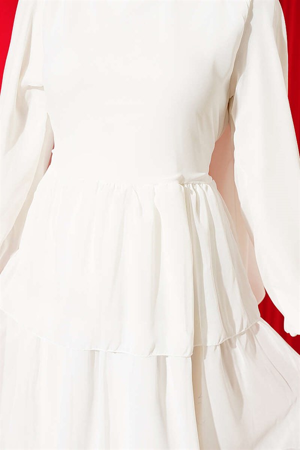 Layered Belted Chiffon Dress, Ecru
