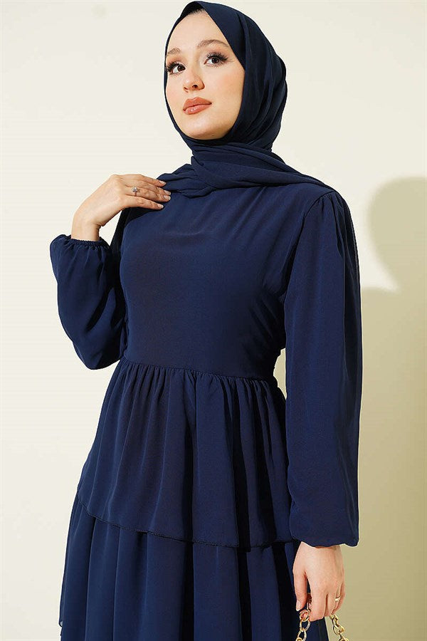 Layered Belted Chiffon Dress, Navy Blue
