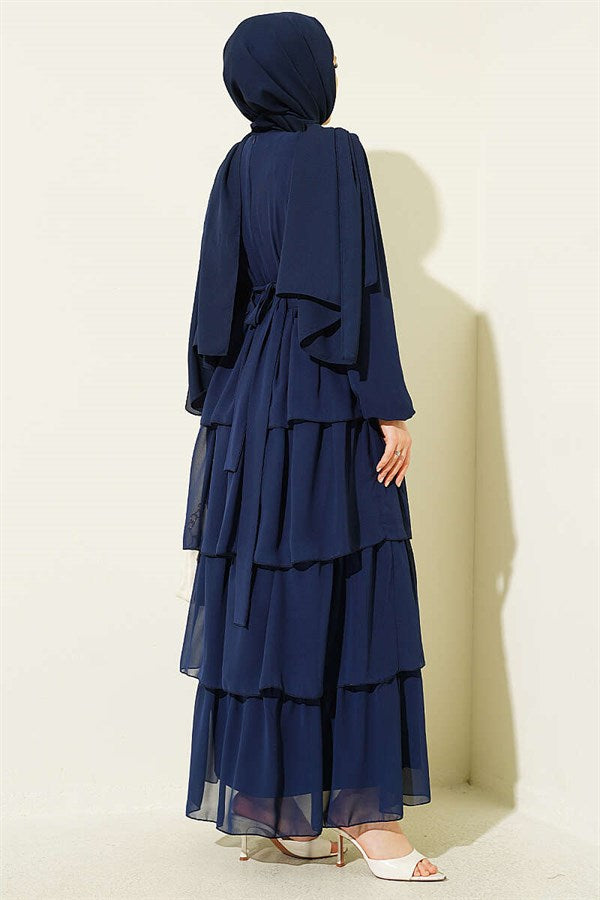 Layered Belted Chiffon Dress, Navy Blue