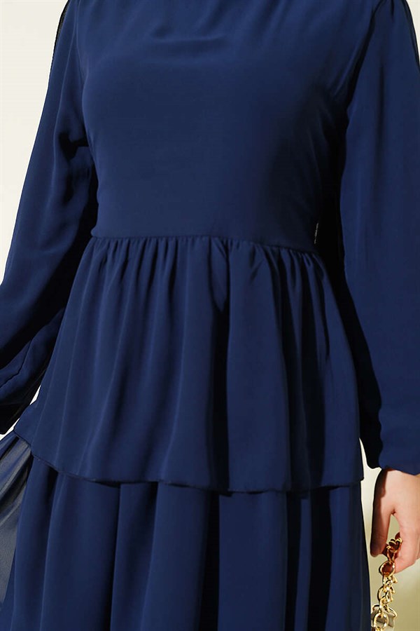Layered Belted Chiffon Dress, Navy Blue