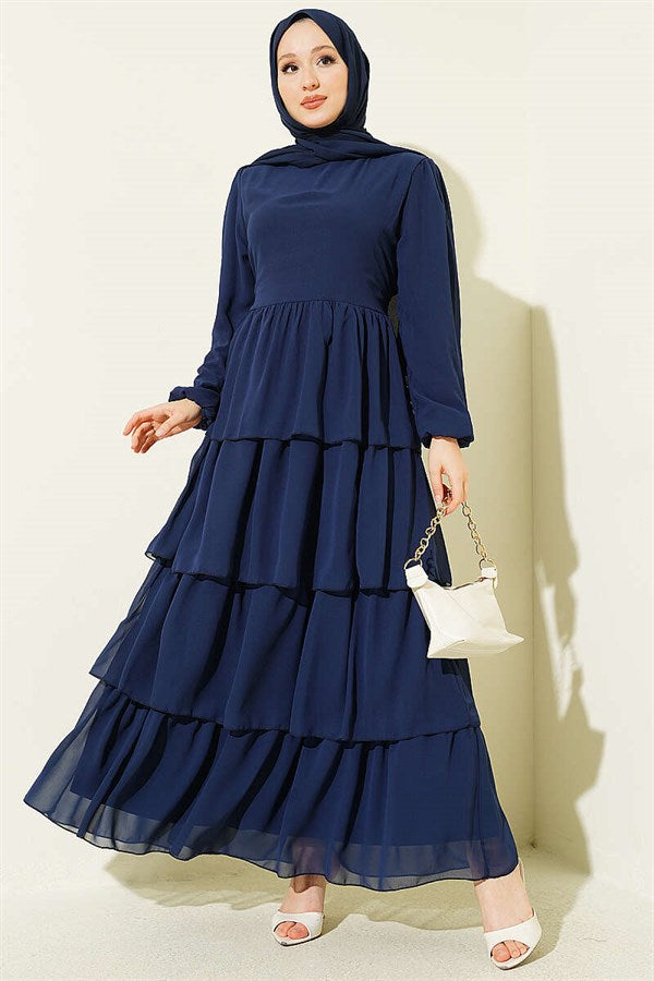 Layered Belted Chiffon Dress, Navy Blue