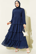 Layered Belted Chiffon Dress, Navy Blue