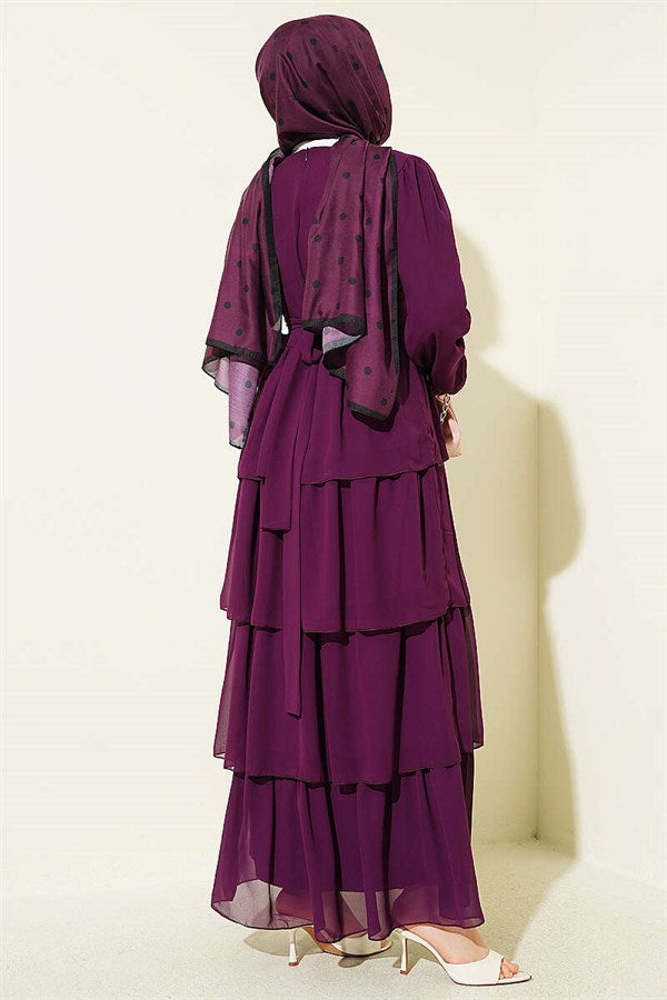 Layered Belted Chiffon Dress Magenta