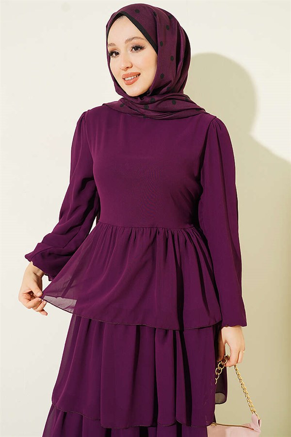 Layered Belted Chiffon Dress Magenta