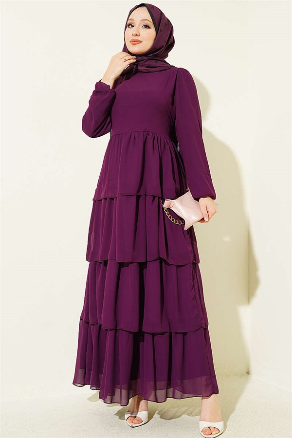 Layered Belted Chiffon Dress Magenta