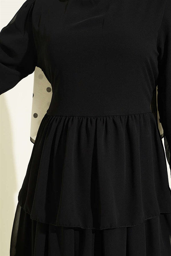 Layered Belted Chiffon Dress Black