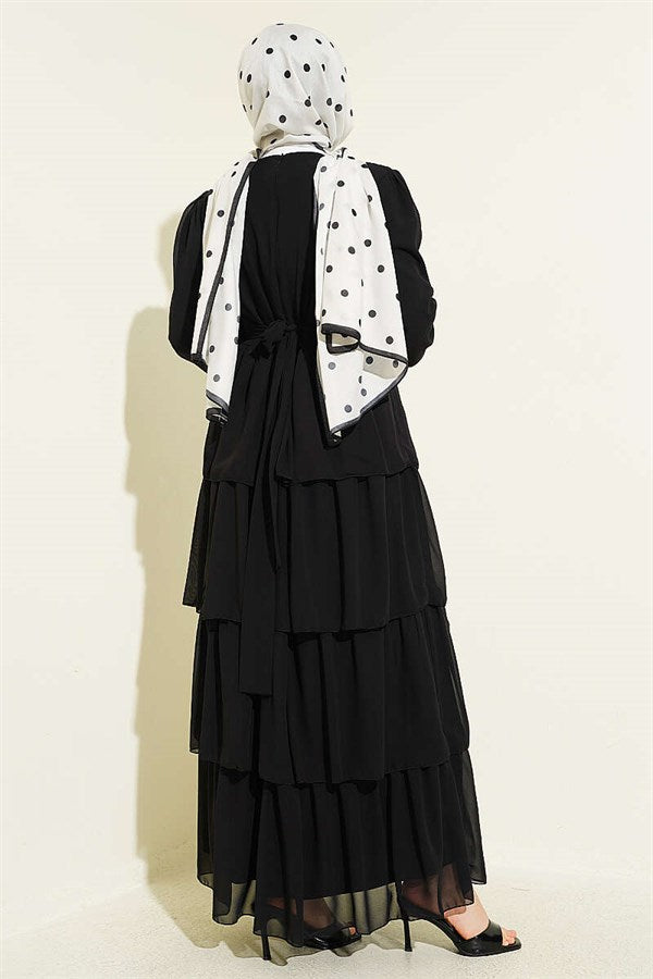 Layered Belted Chiffon Dress Black