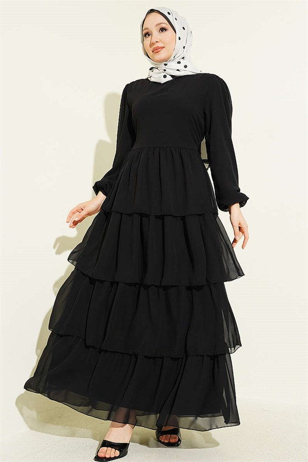 Layered Belted Chiffon Dress Black