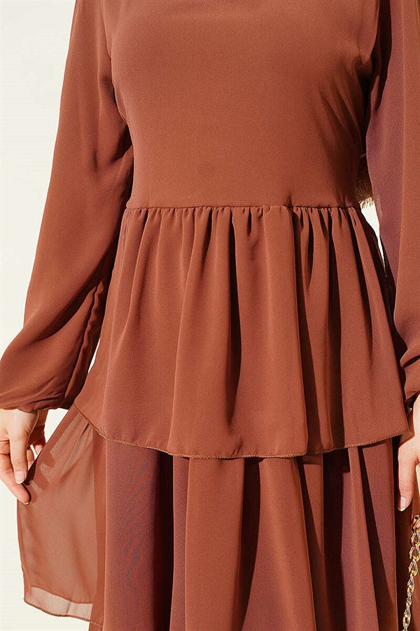 Layered Belted Chiffon Dress in Tan