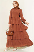 Layered Belted Chiffon Dress in Tan