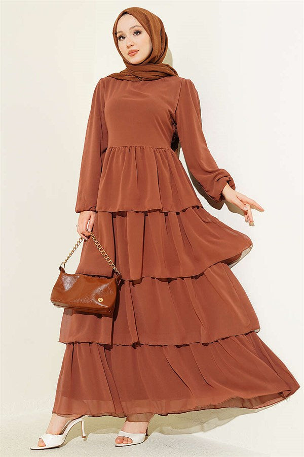 Layered Belted Chiffon Dress in Tan