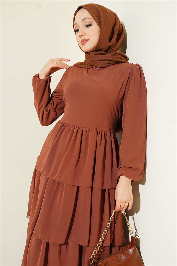 Layered Belted Chiffon Dress in Tan