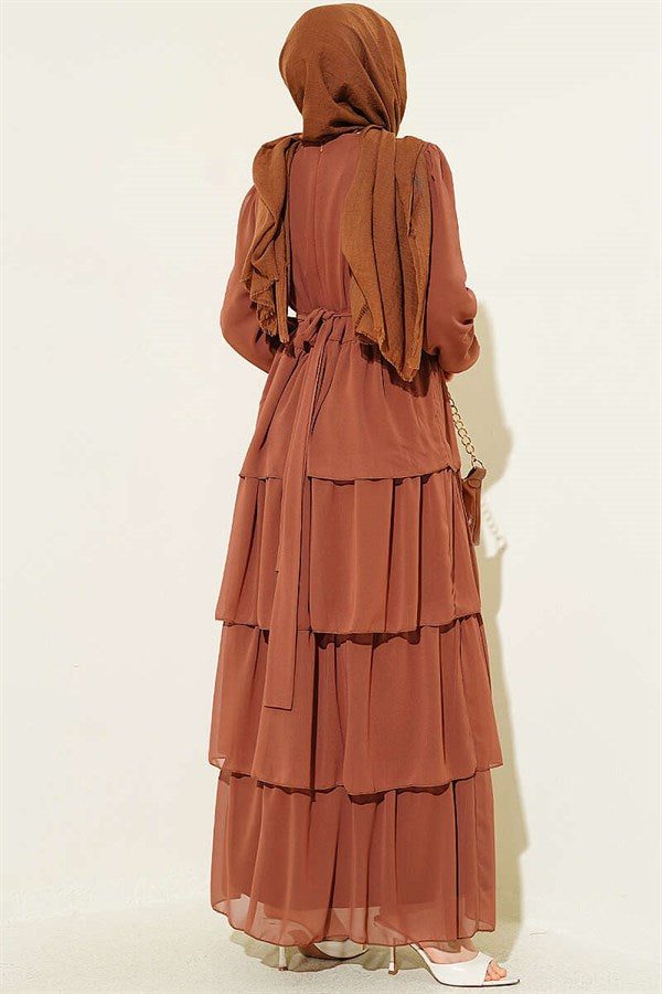 Layered Belted Chiffon Dress in Tan