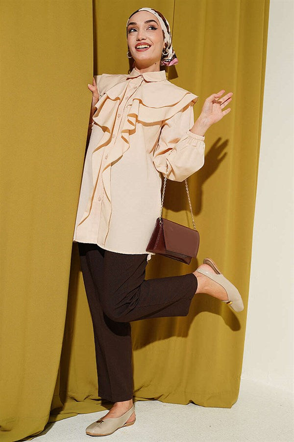 Layered Collar Ruffled Shirt Beige