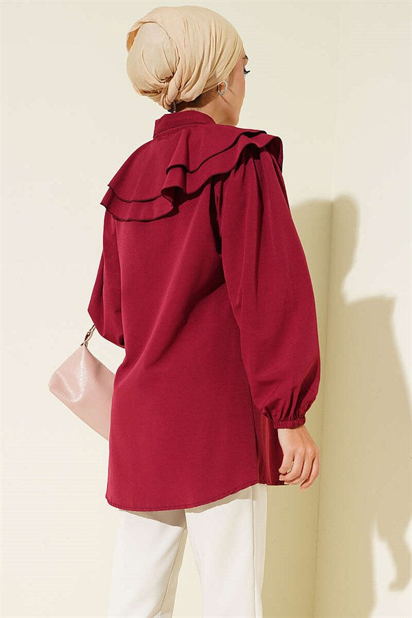 Layered Collar Ruffled Shirt Burgundy