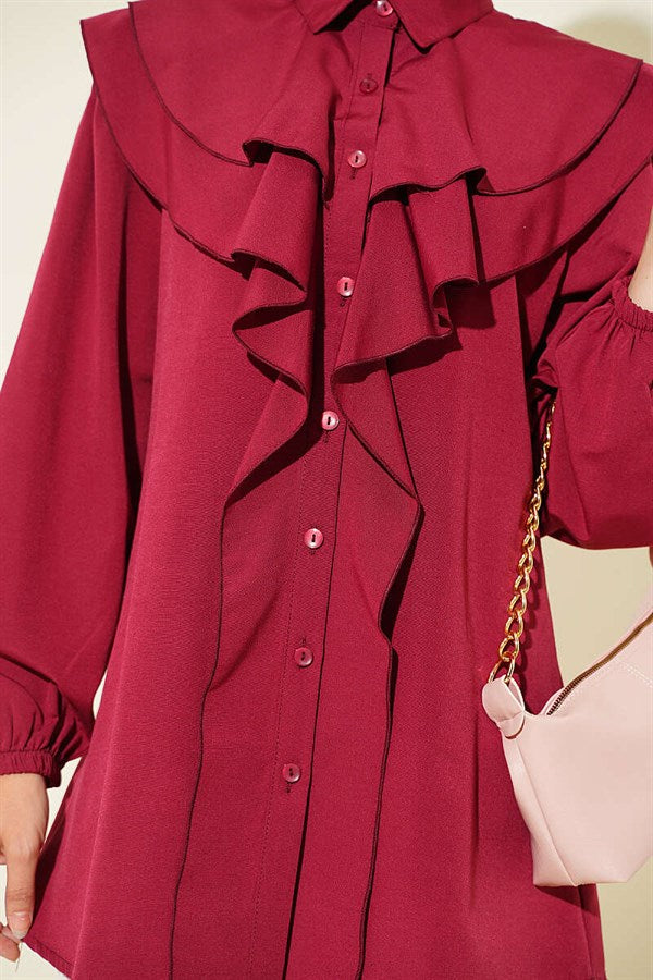 Layered Collar Ruffled Shirt Burgundy