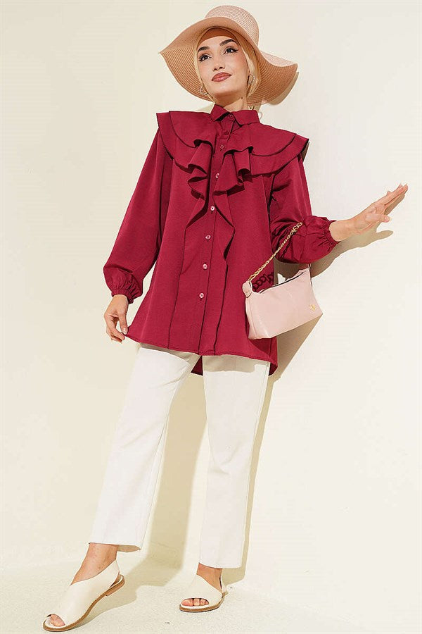 Layered Collar Ruffled Shirt Burgundy