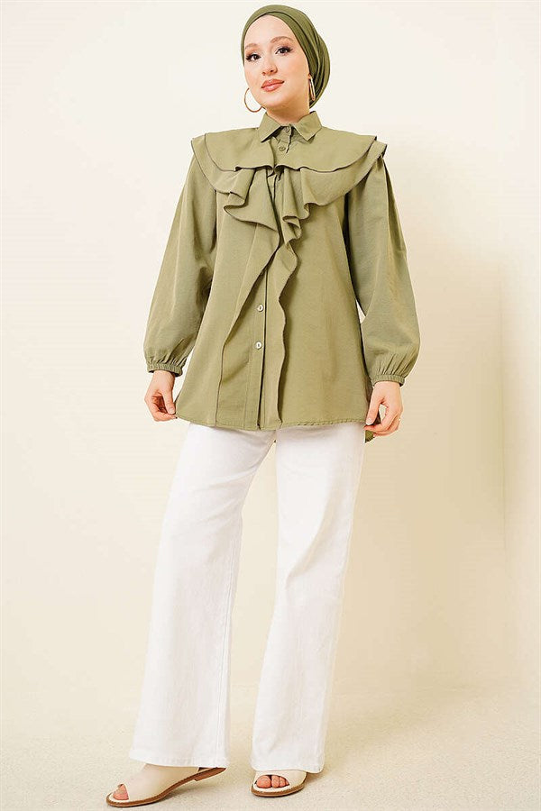 Layered Collar Ruffled Shirt, Light Green