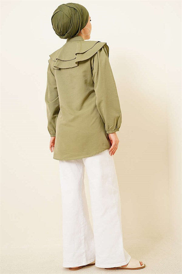 Layered Collar Ruffled Shirt, Light Green