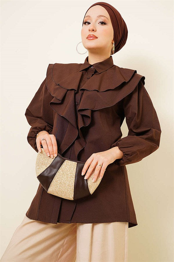 Layered Collar Ruffled Shirt, Coffee