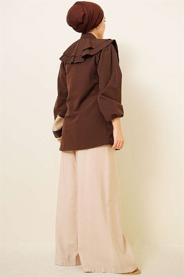 Layered Collar Ruffled Shirt, Coffee