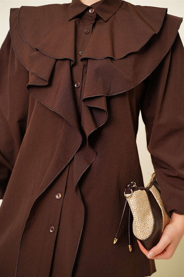 Layered Collar Ruffled Shirt, Coffee