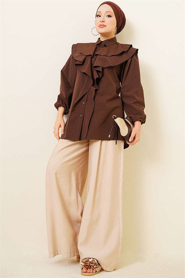 Layered Collar Ruffled Shirt, Coffee