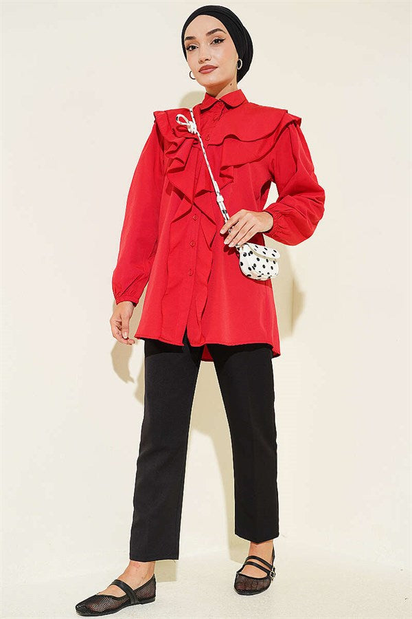 Layered Collar Ruffled Shirt Red