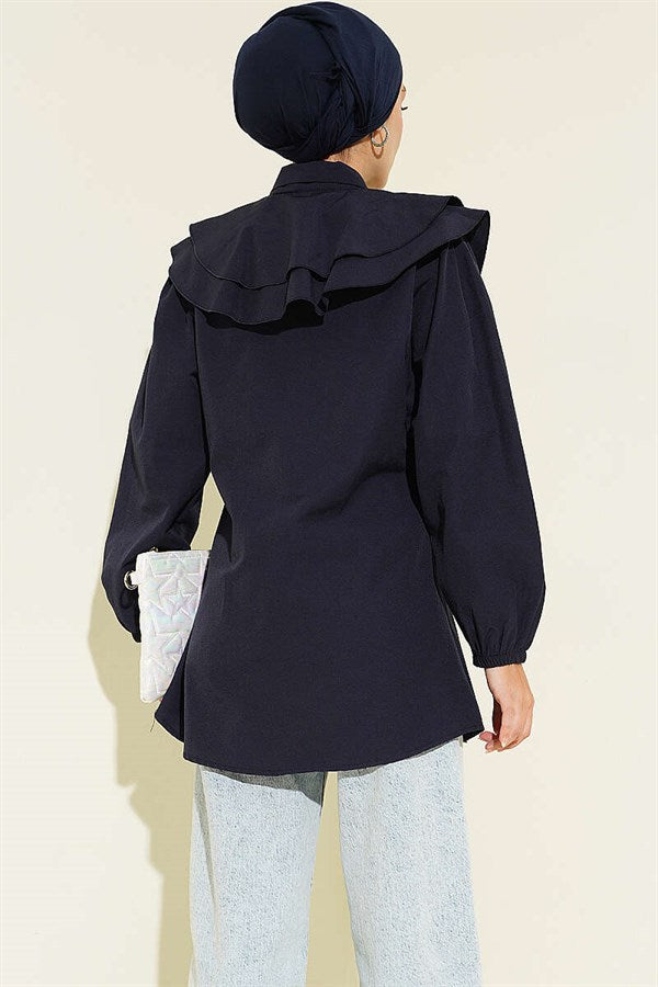 Layered Collar Ruffled Shirt Navy Blue