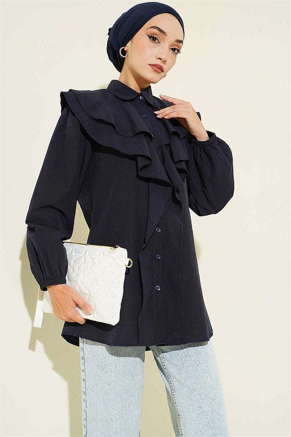 Layered Collar Ruffled Shirt Navy Blue