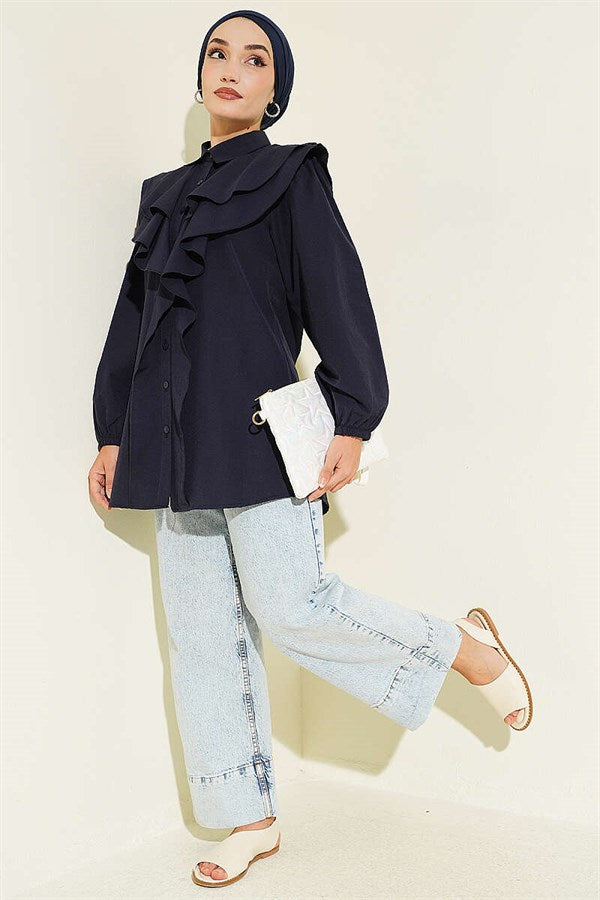 Layered Collar Ruffled Shirt Navy Blue