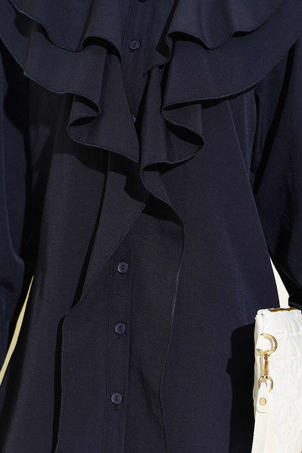 Layered Collar Ruffled Shirt Navy Blue