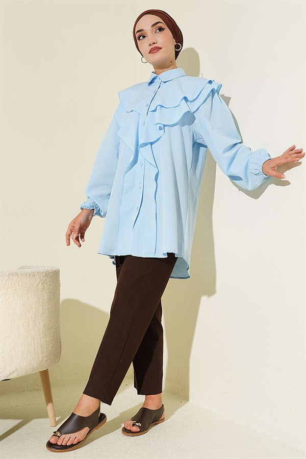 Layered Collar Ruffled Shirt Blue