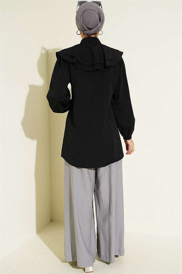 Layered Collar Ruffled Shirt Black
