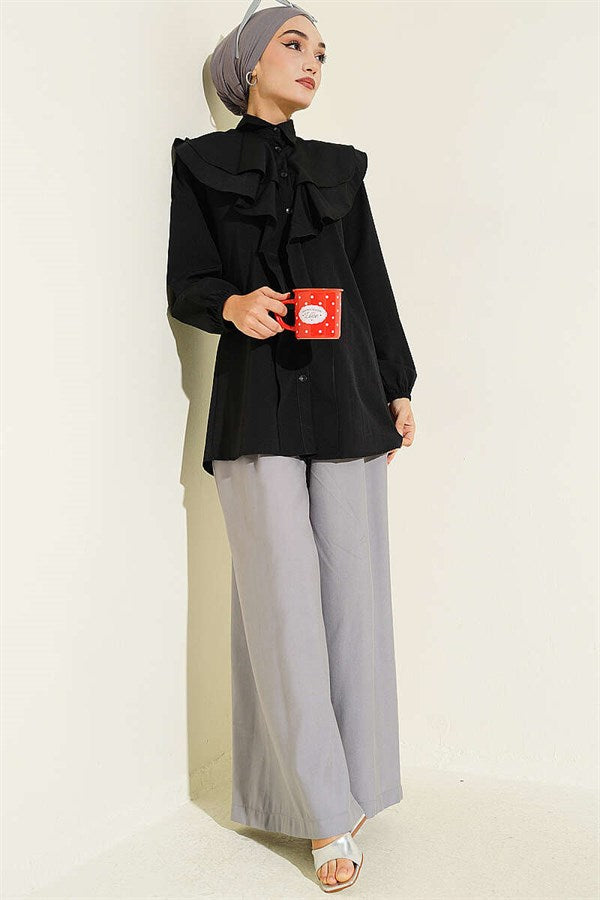 Layered Collar Ruffled Shirt Black