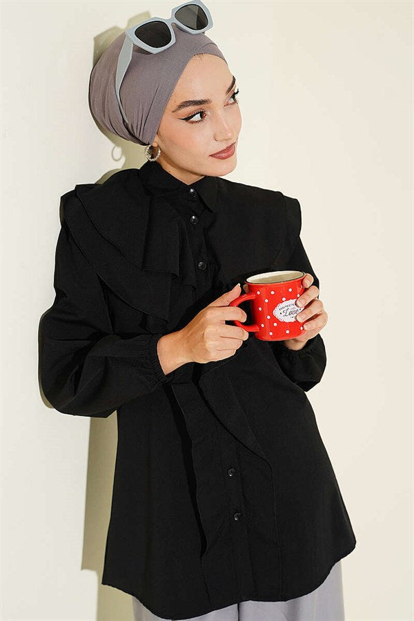 Layered Collar Ruffled Shirt Black
