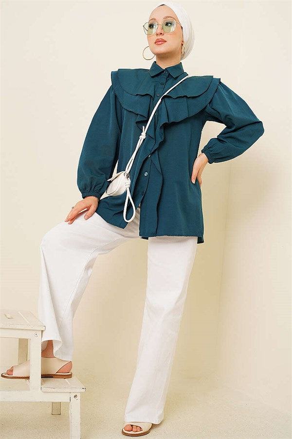 Layered Collar Ruffled Shirt Emerald