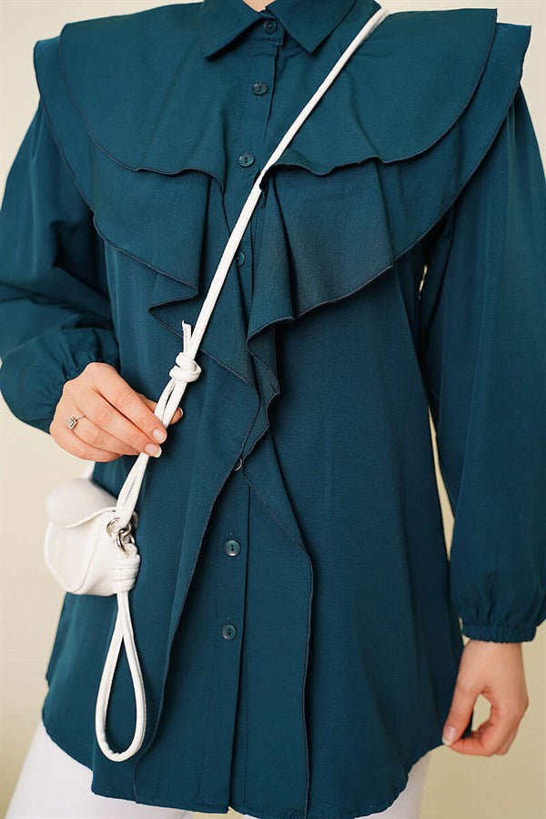 Layered Collar Ruffled Shirt Emerald