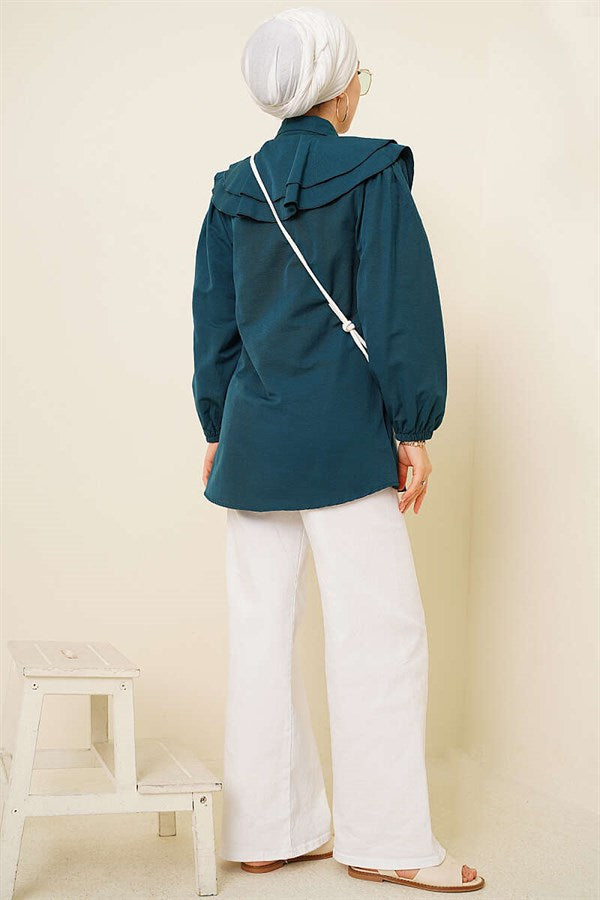 Layered Collar Ruffled Shirt Emerald