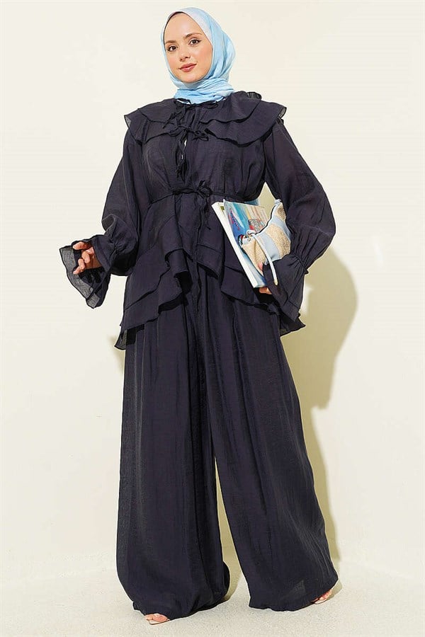 Layered Collar, Lace-Up, Ruffled 2 Piece Set, Navy Blue