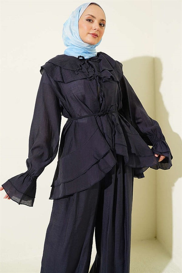 Layered Collar, Lace-Up, Ruffled 2 Piece Set, Navy Blue