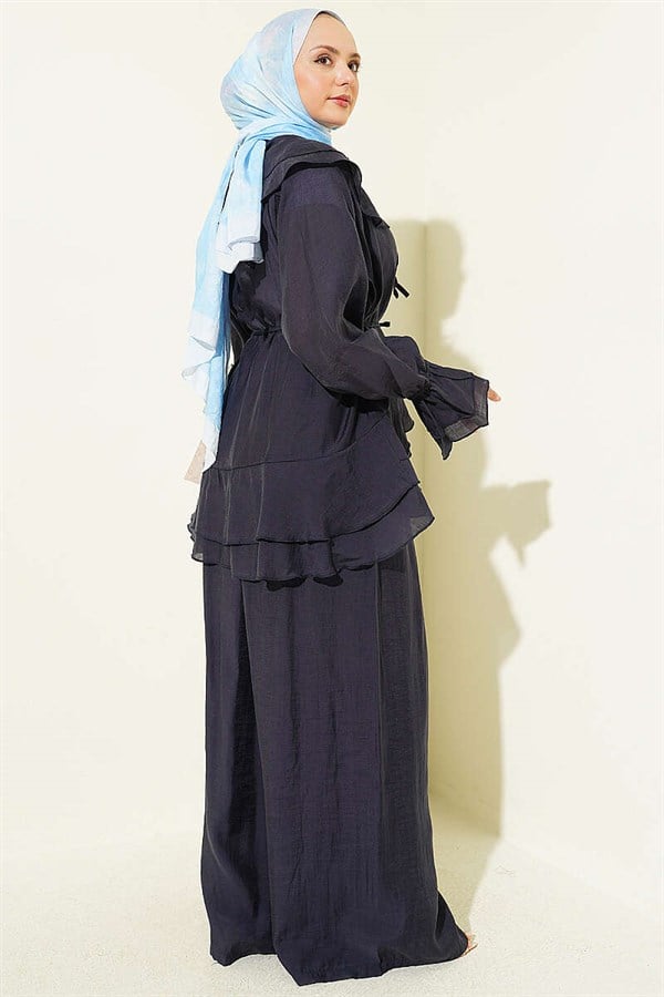Layered Collar, Lace-Up, Ruffled 2 Piece Set, Navy Blue